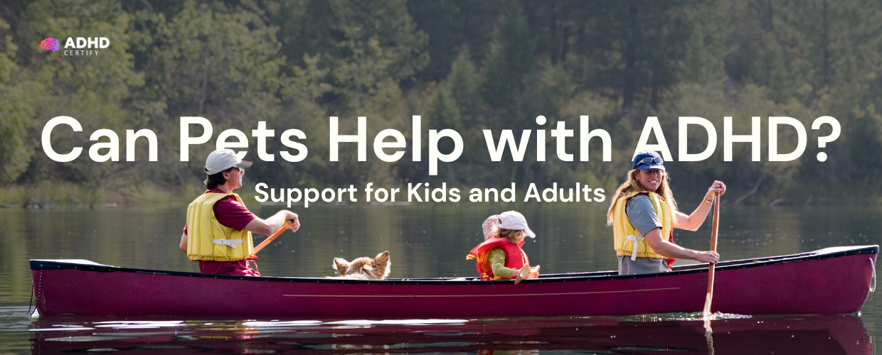 young family on a boat in the lake - pets helping adhd